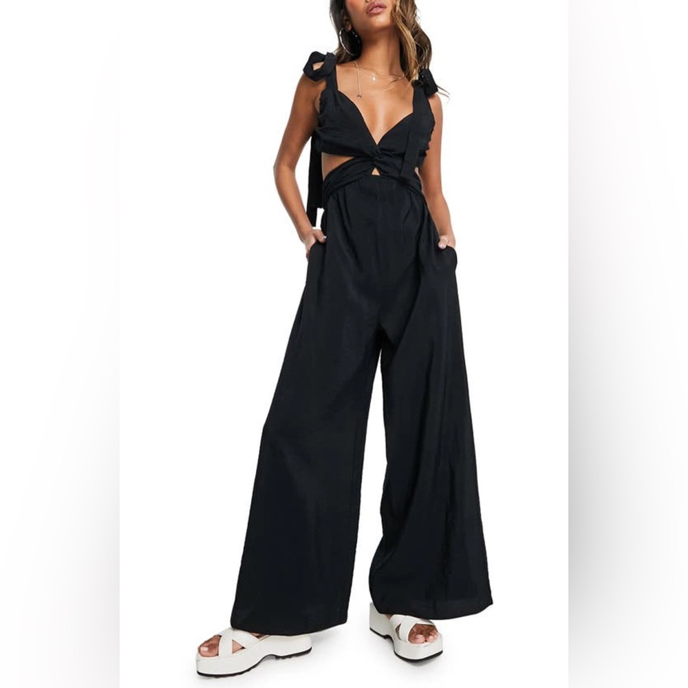 Topshop Tie Sleeve Twist Jumpsuit in Black